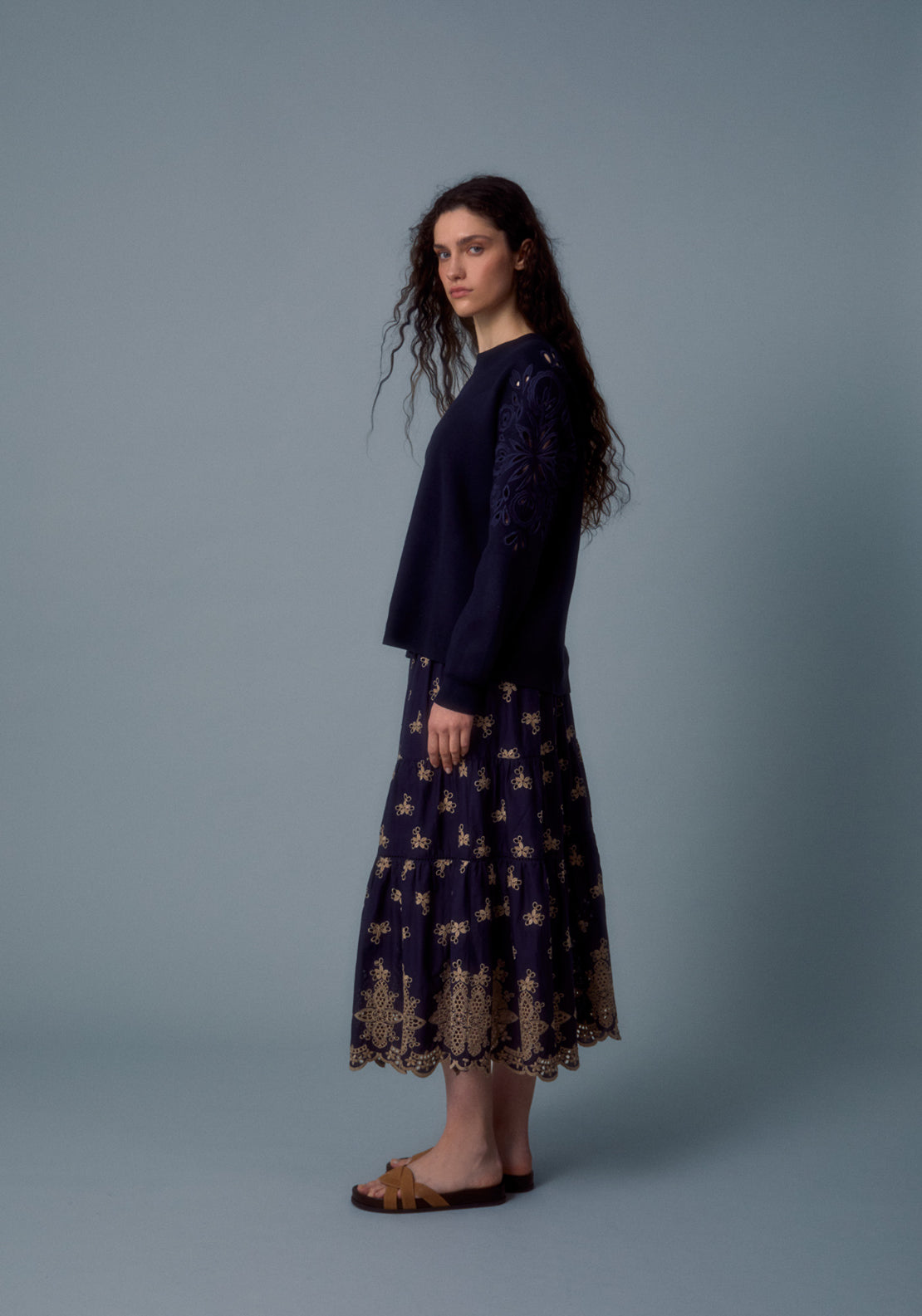 Embroidered Crew Sweater - Blue