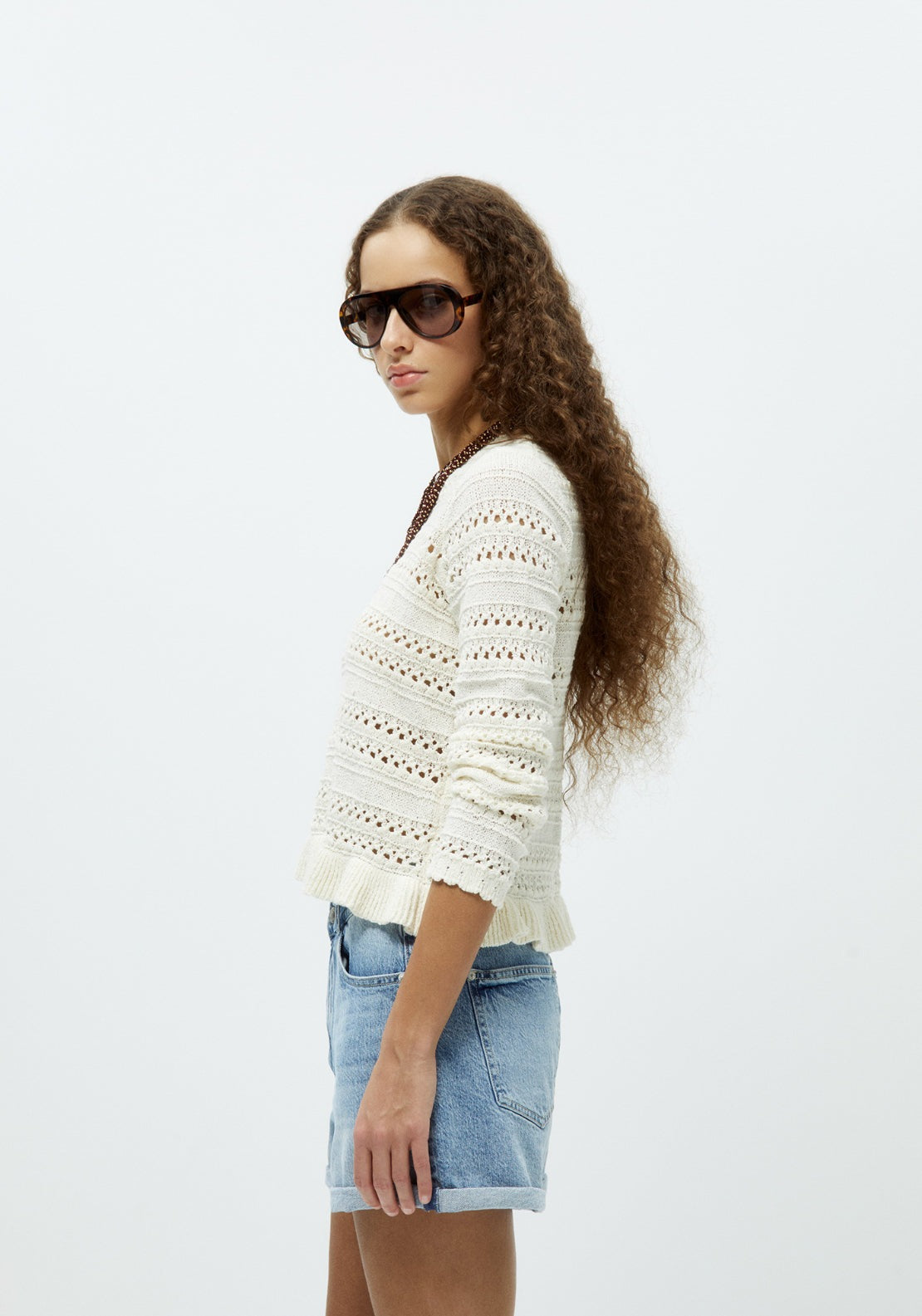 Openwork Ruffle Hem Sweater - White
