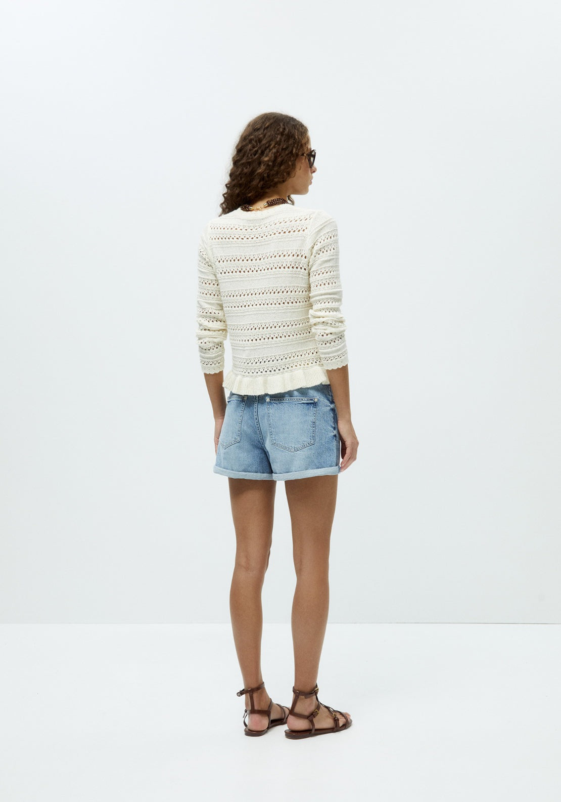 Openwork Ruffle Hem Sweater - White