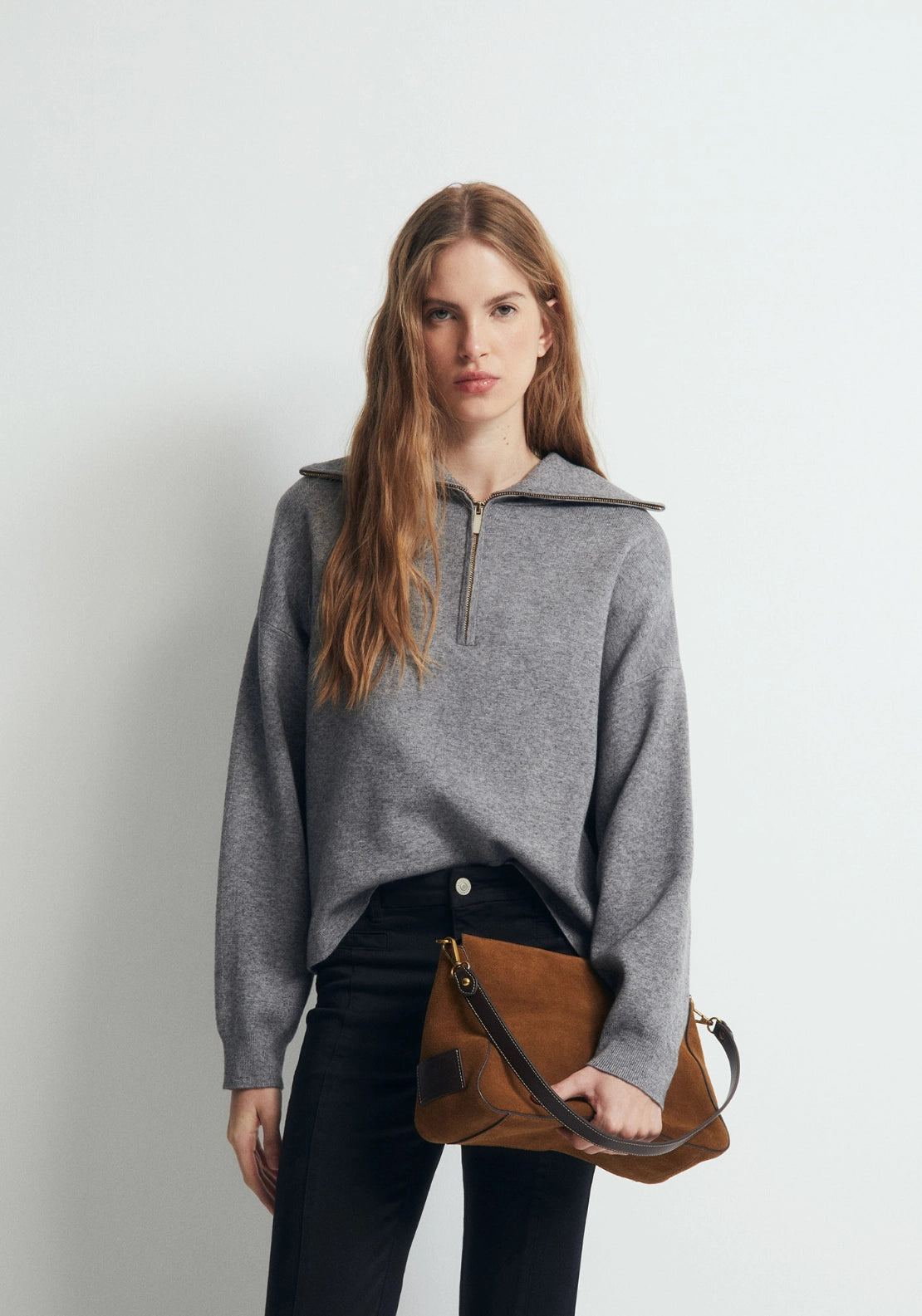 Zipped High Neck Sweater - Grey