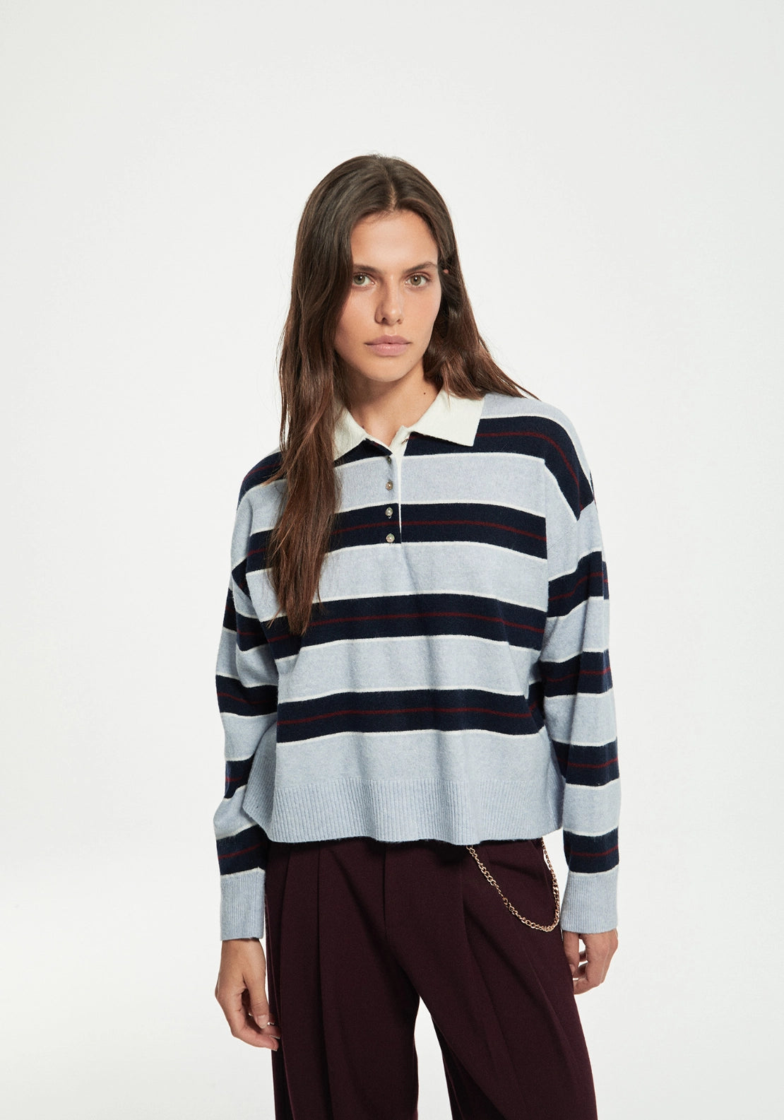 Wide Stripe Polo Sweater - Blue