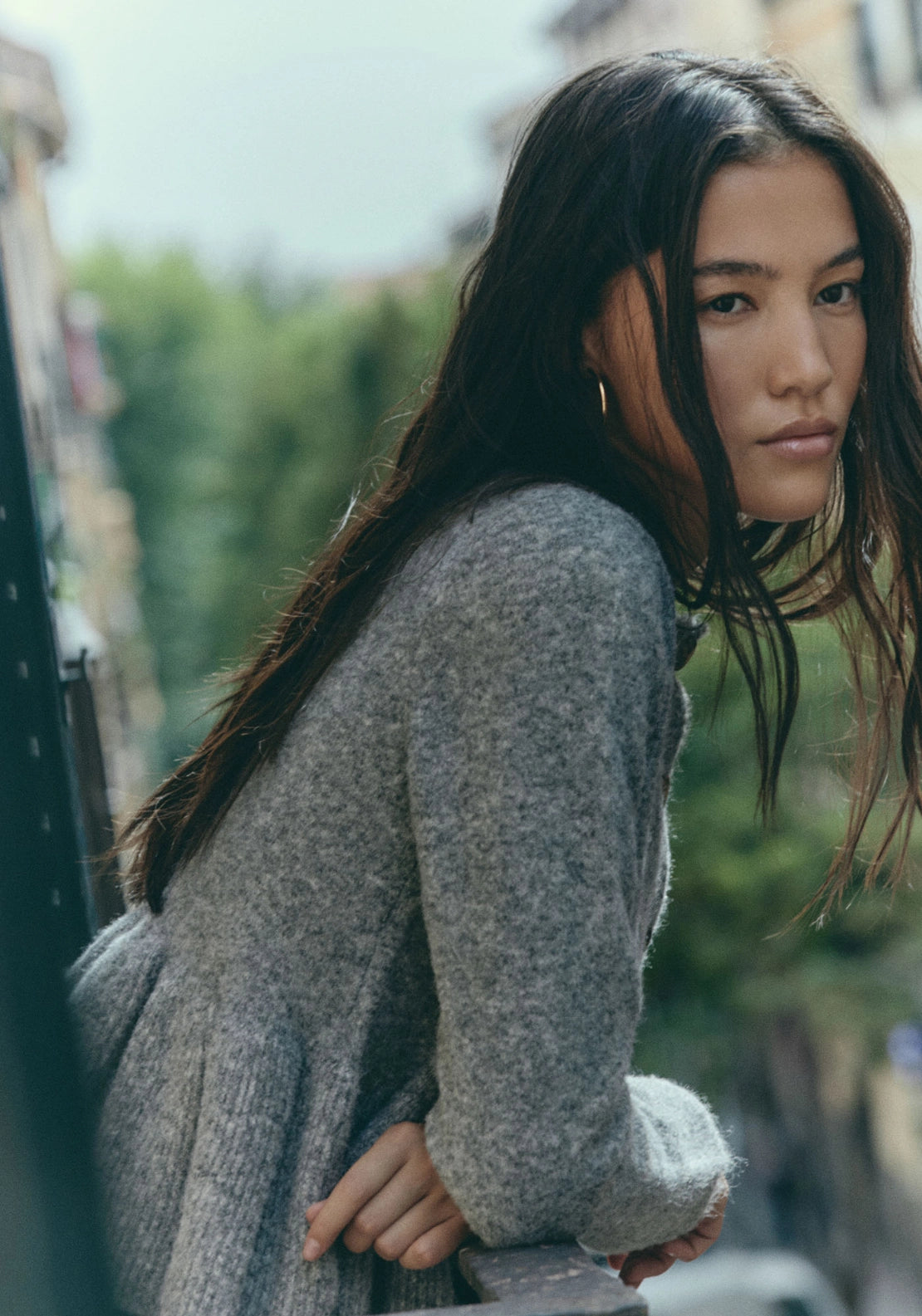 Wool Blend Peplum Knit Cardigan - Grey