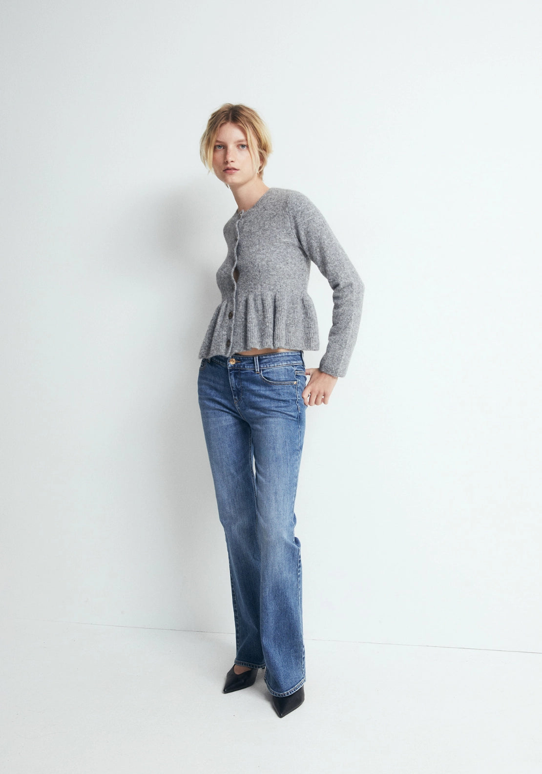 Wool Blend Peplum Knit Cardigan - Grey