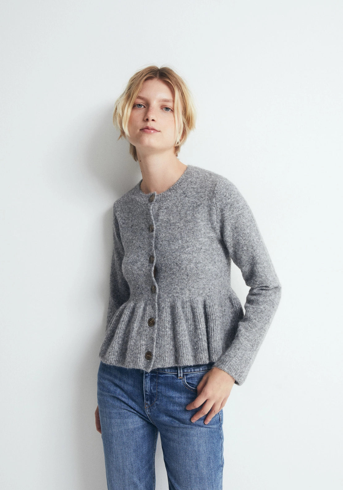 Wool Blend Peplum Knit Cardigan - Grey