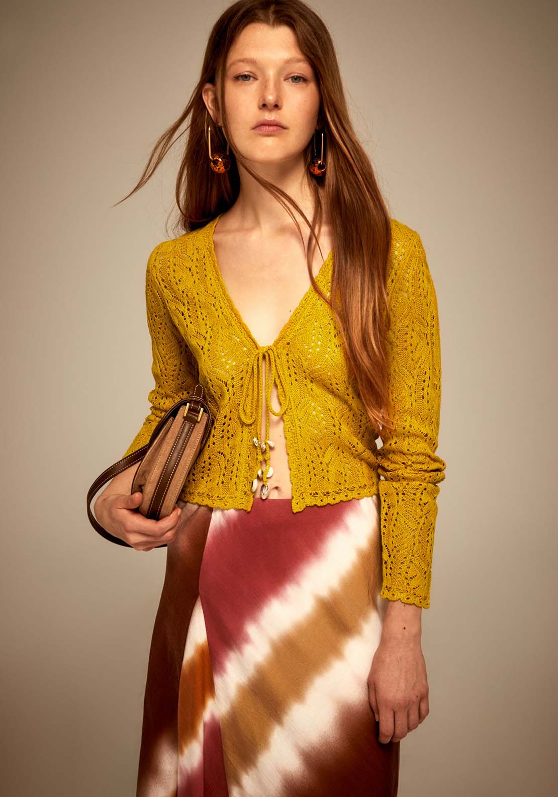 Sfera Tie Fastening Openwork Cardigan - Mustard 1 Shaws Department Stores