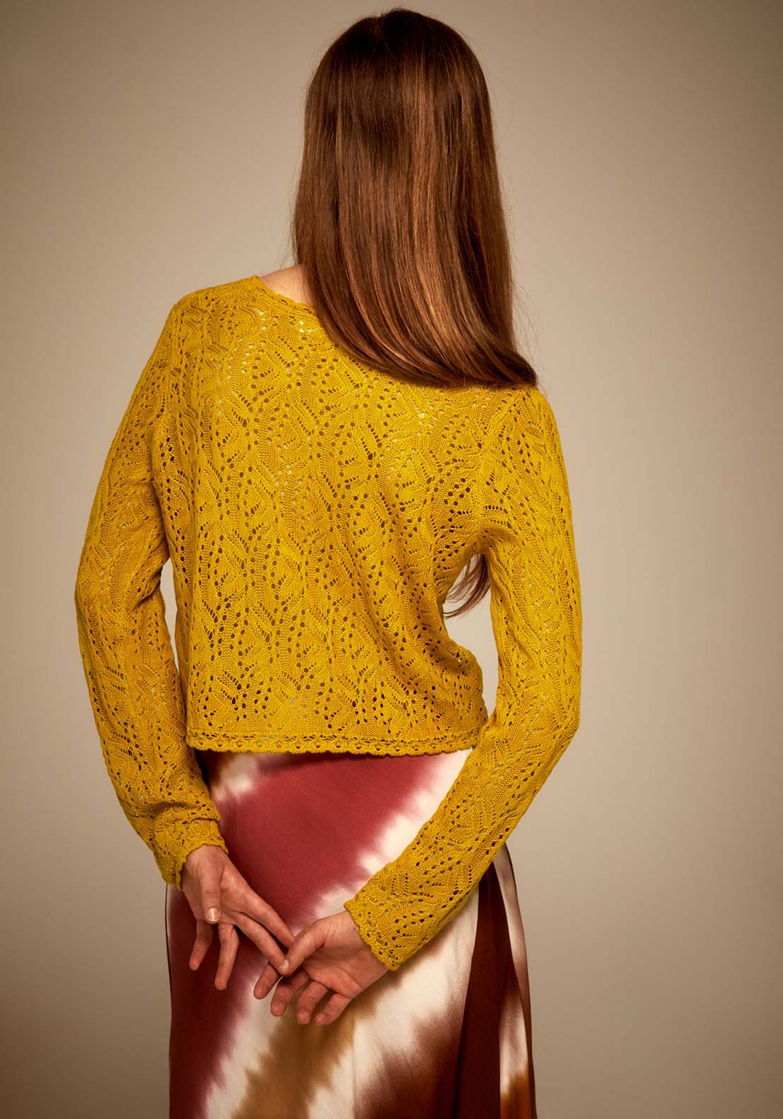 Sfera Tie Fastening Openwork Cardigan - Mustard 2 Shaws Department Stores