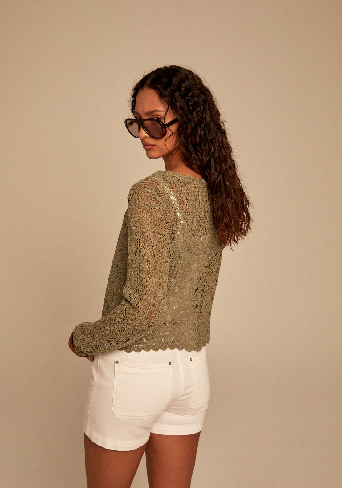 Open-Knit Seashell Cardigan - Beige