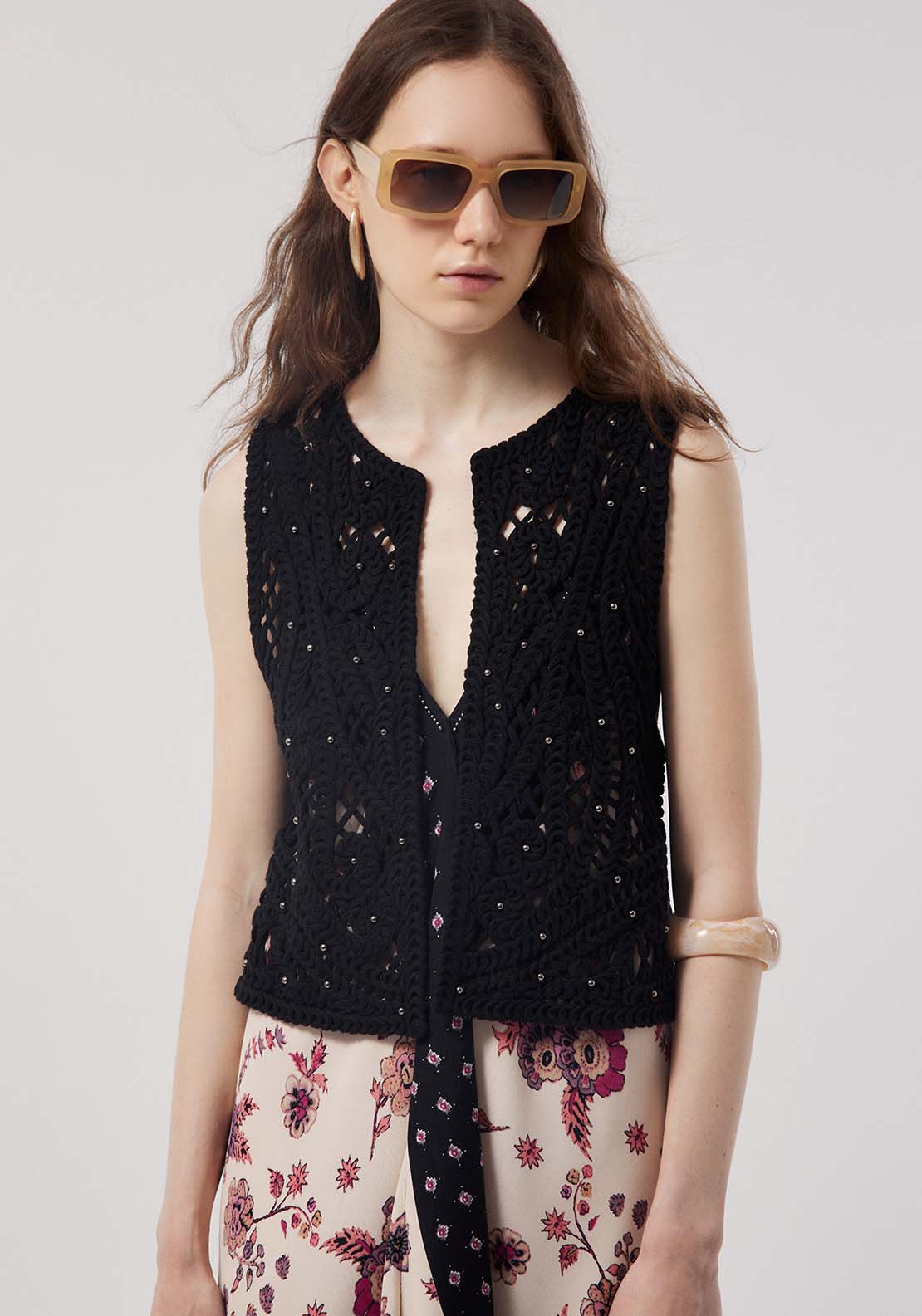 Stud Detail Crochet Vest - Black