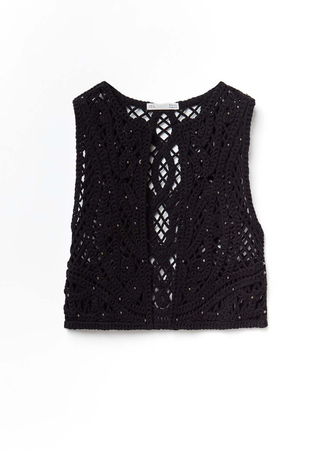 Stud Detail Crochet Vest - Black