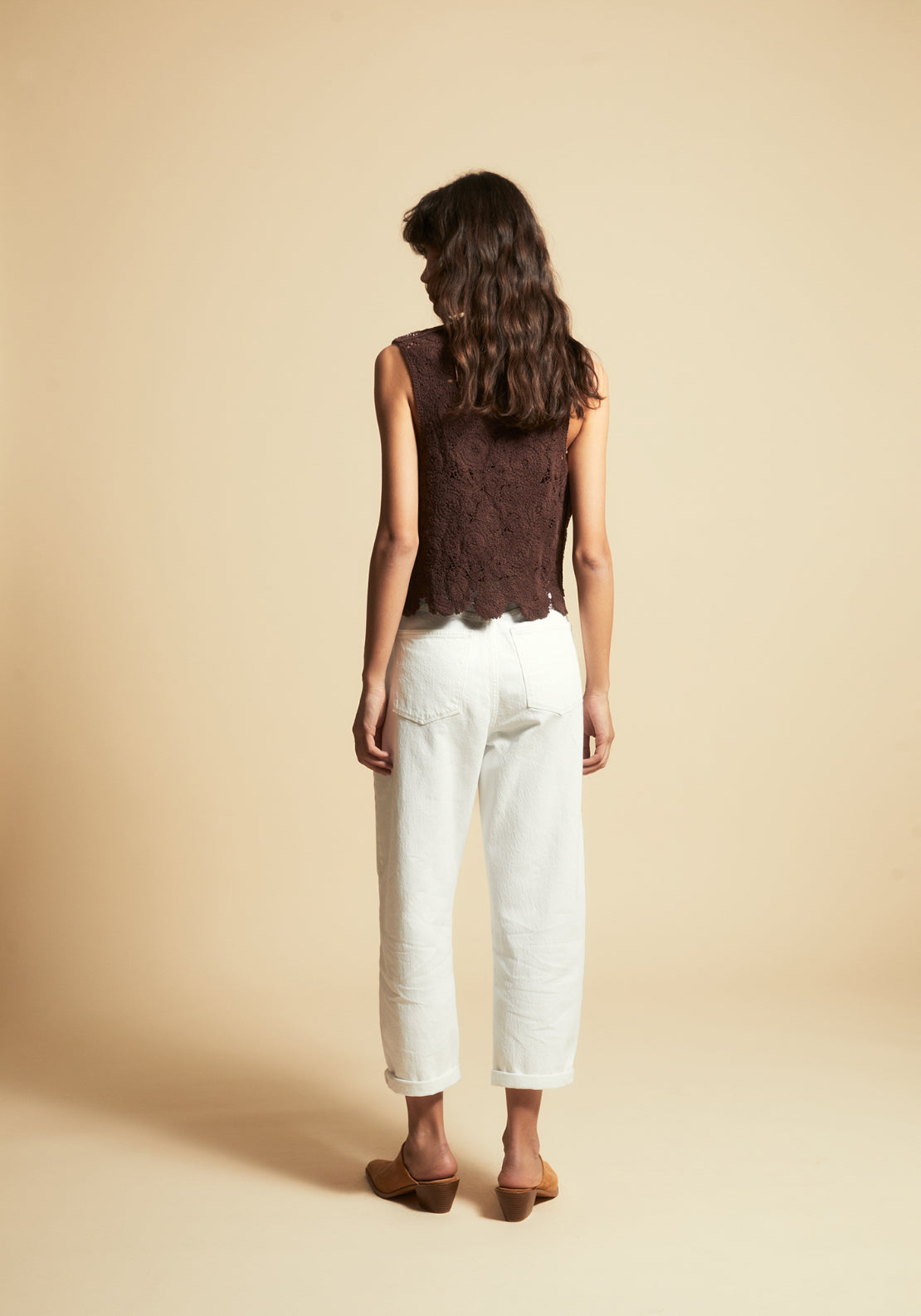 Beaded Crochet Sleeveless Top - Brown