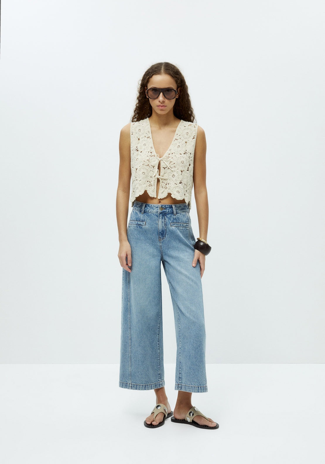 Beaded Crochet Sleeveless Top - Cream