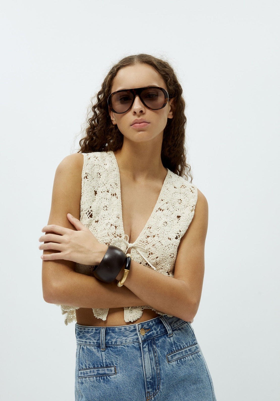 Beaded Crochet Sleeveless Top - Cream