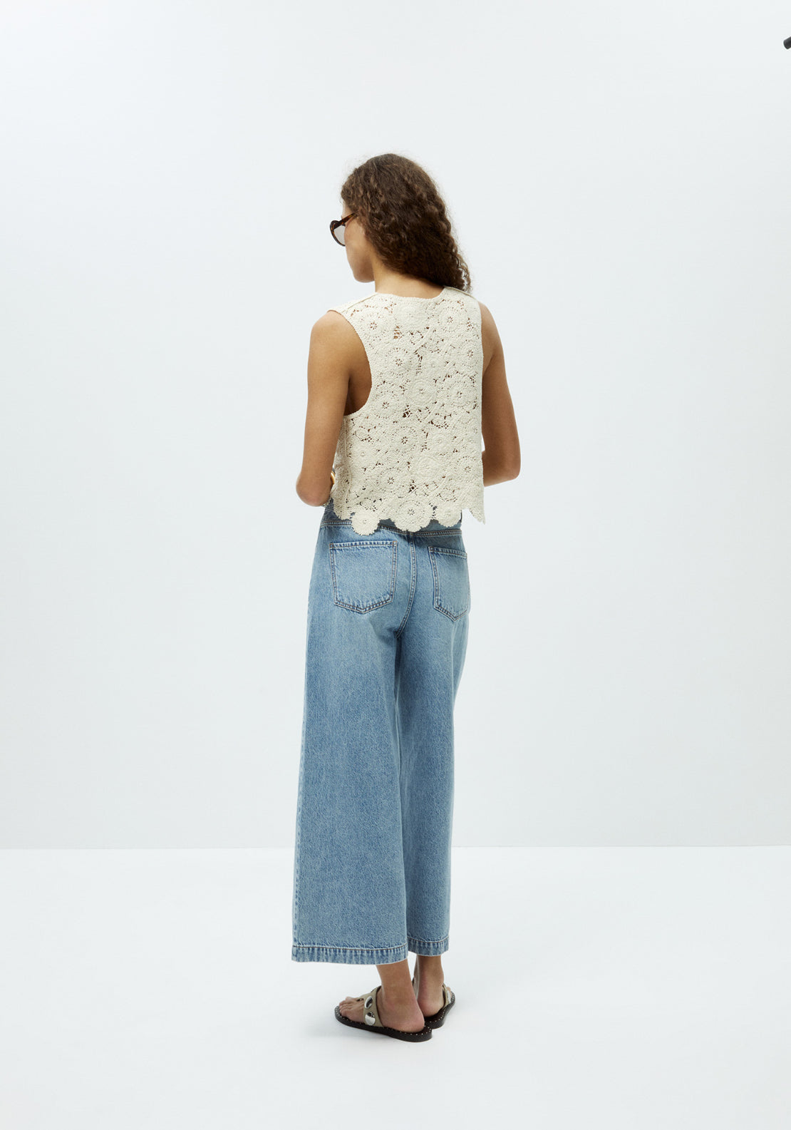 Beaded Crochet Sleeveless Top - Cream