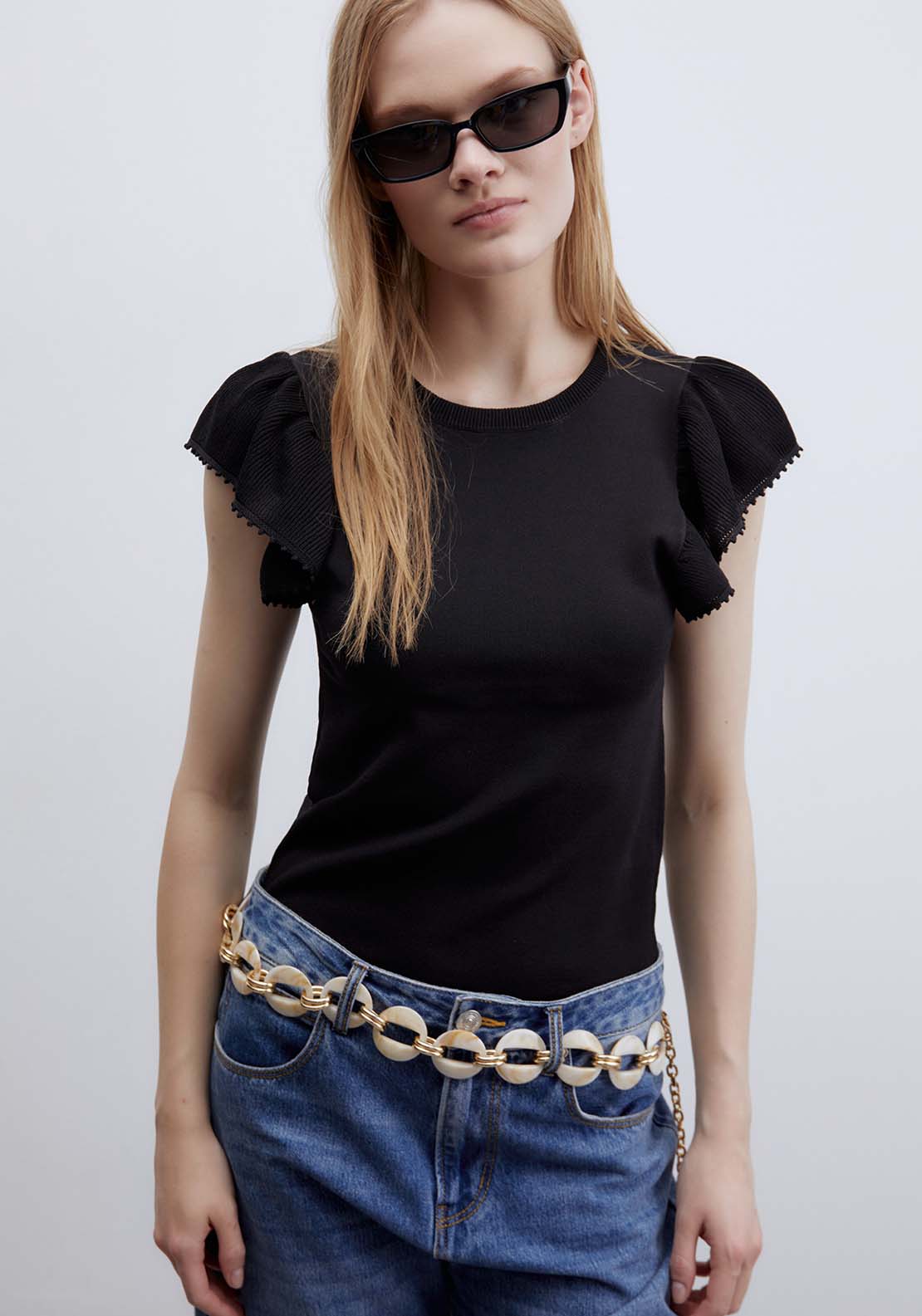 Ruffled Sleeves Top - Black