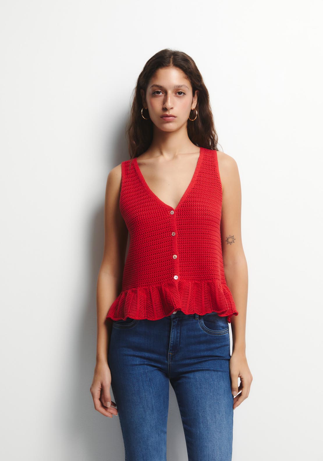 Ruffle Hem Knit Top - Red