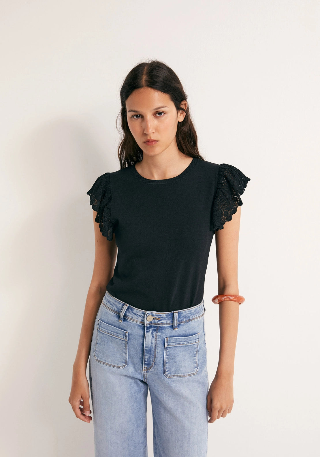 Ruffled Pointelle Top - Black