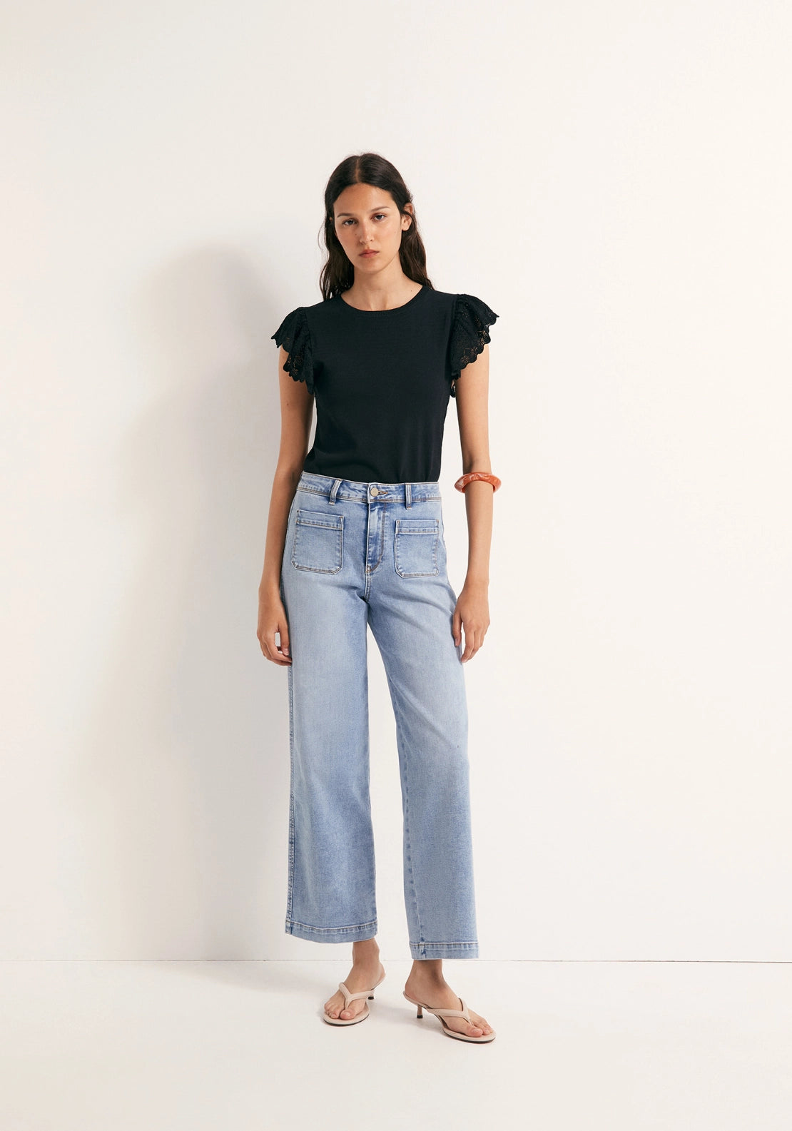 Ruffled Pointelle Top - Black