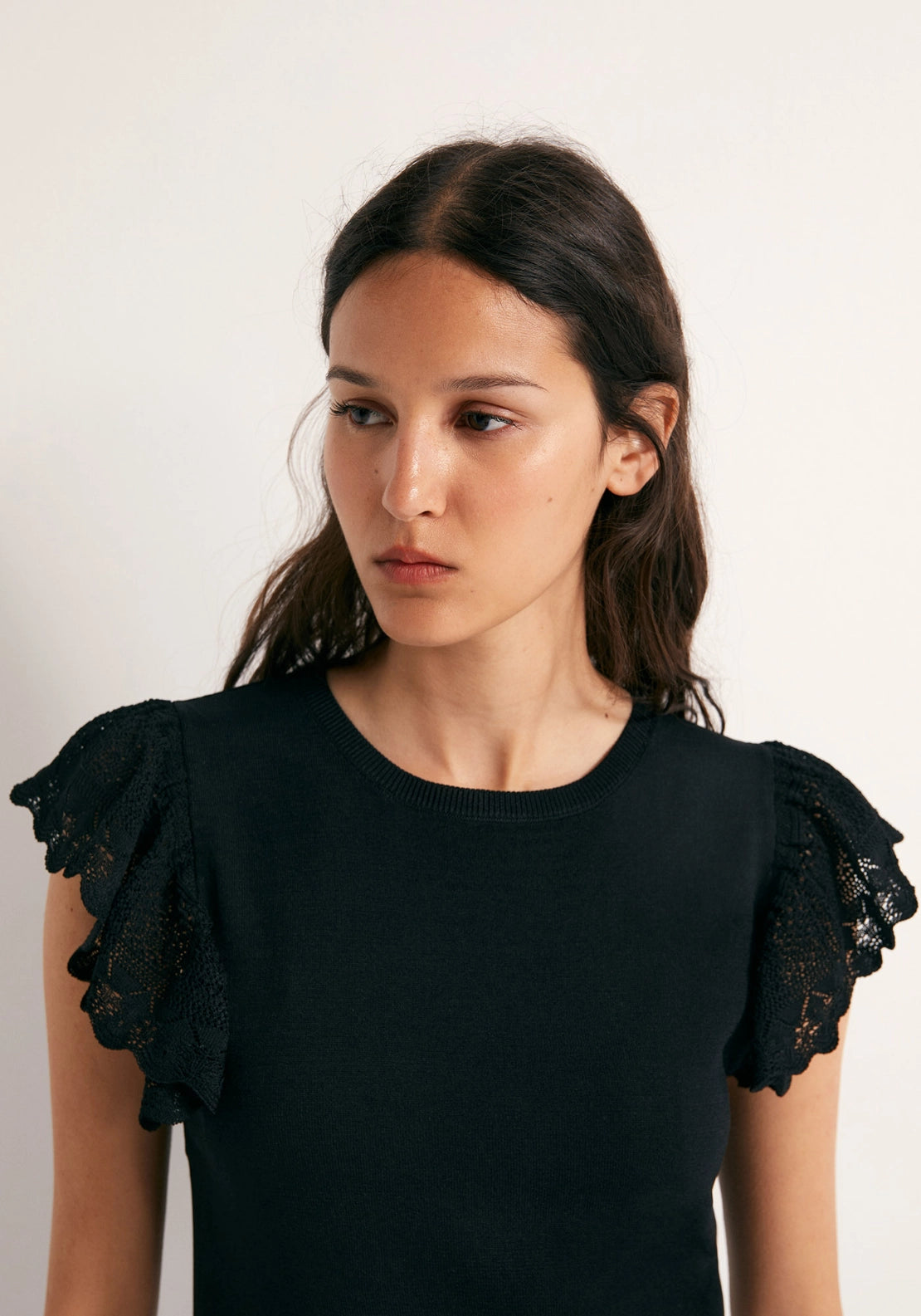 Ruffled Pointelle Top - Black