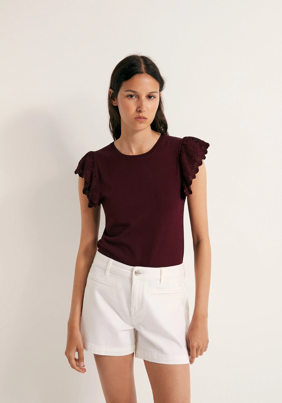 Ruffle Sleeve Knit Top - Red