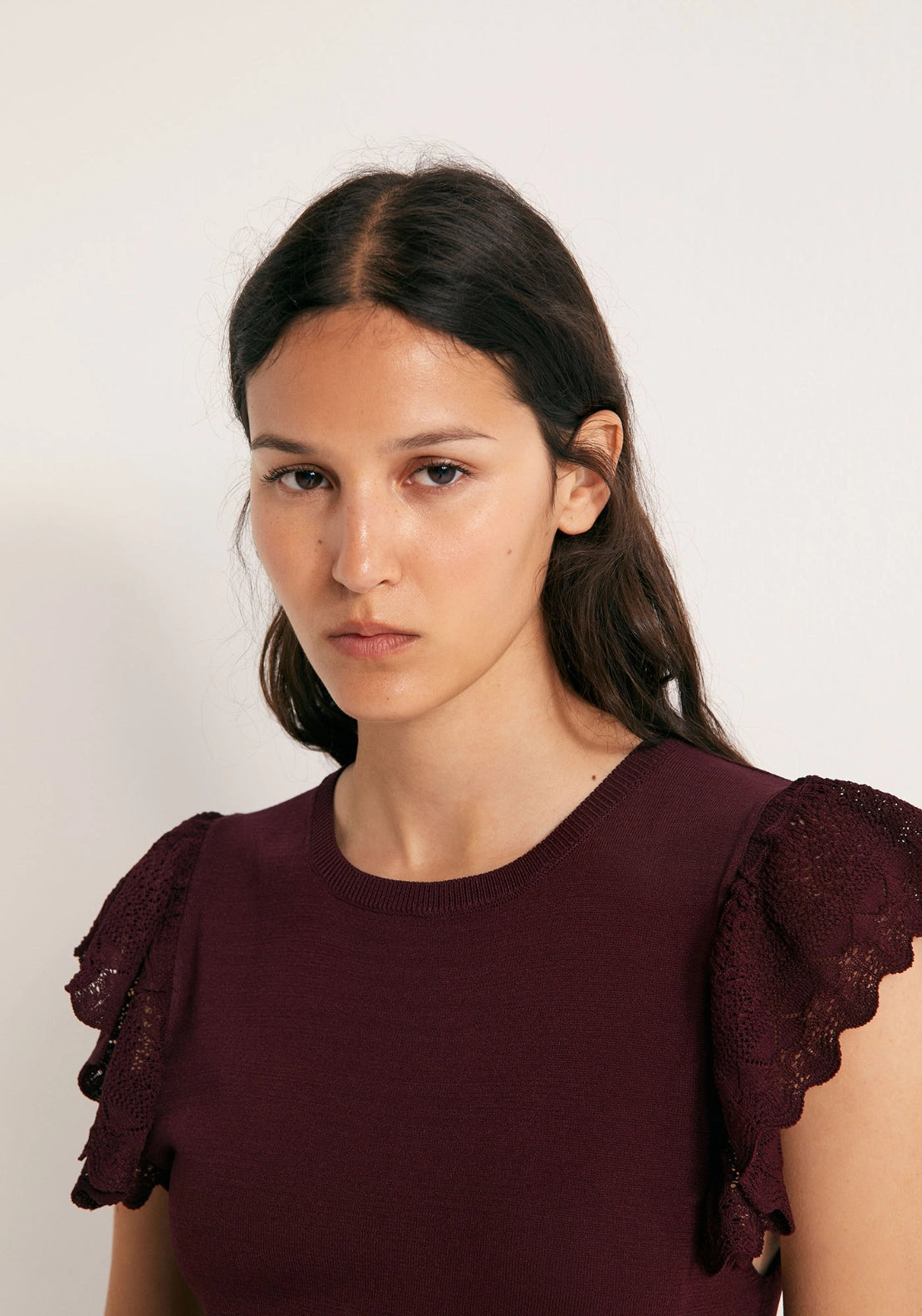 Ruffle Sleeve Knit Top - Red