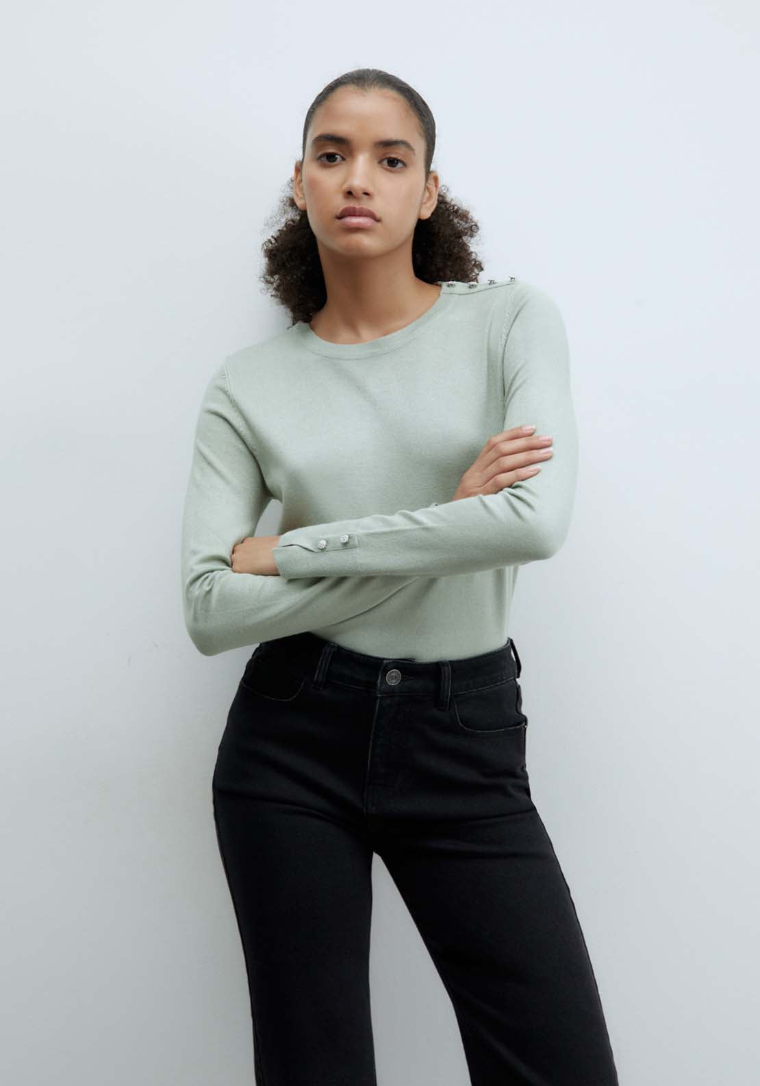 Sfera Jewel button sweater - Green Aquamarine 1 Shaws Department Stores