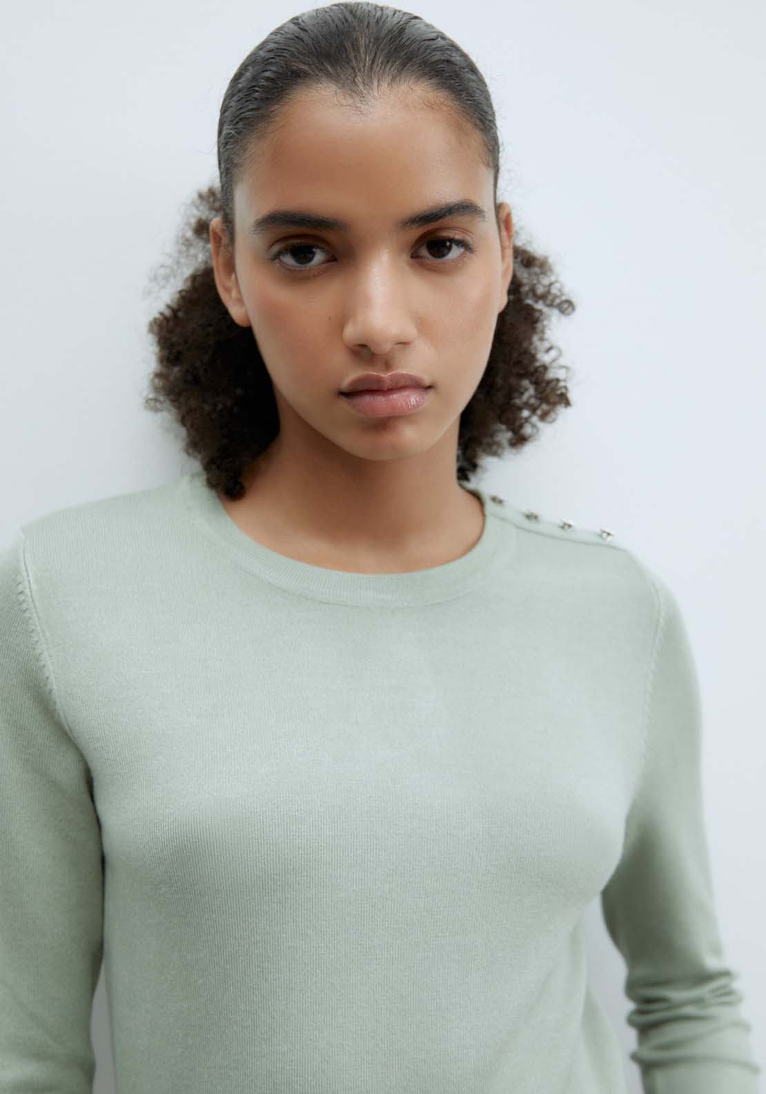 Sfera Jewel button sweater - Green Aquamarine 2 Shaws Department Stores