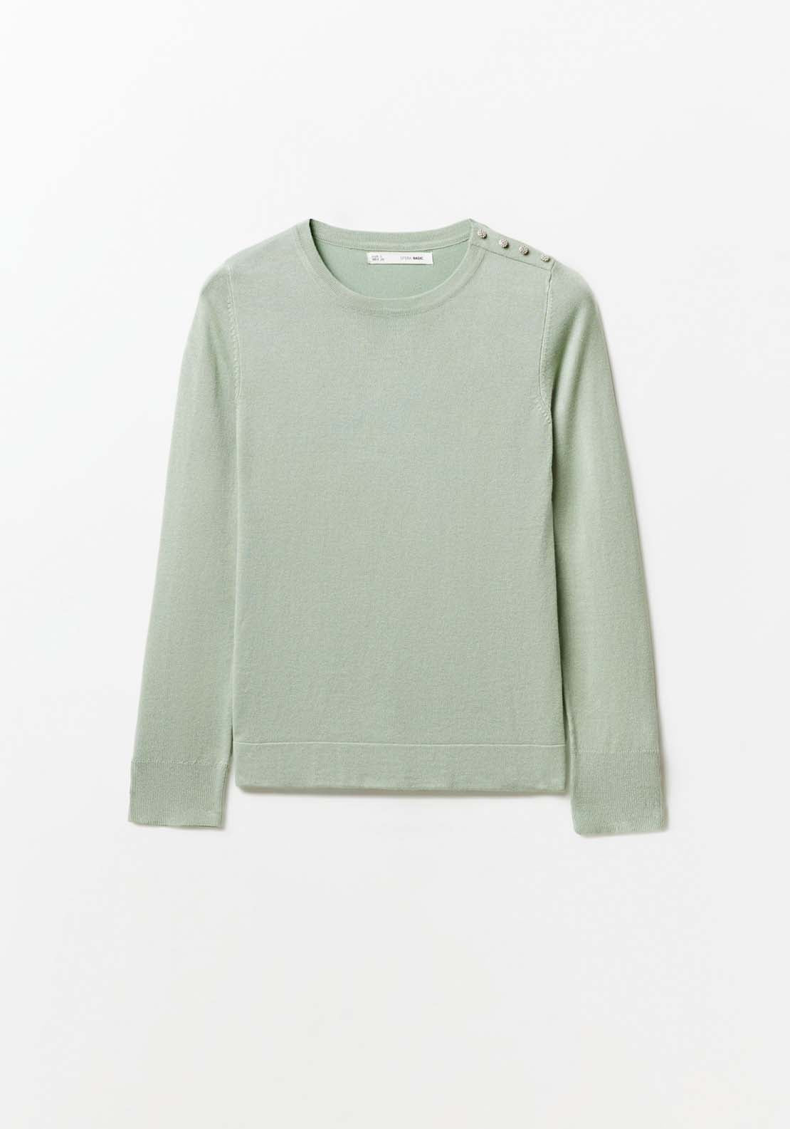 Sfera Jewel button sweater - Green Aquamarine 5 Shaws Department Stores