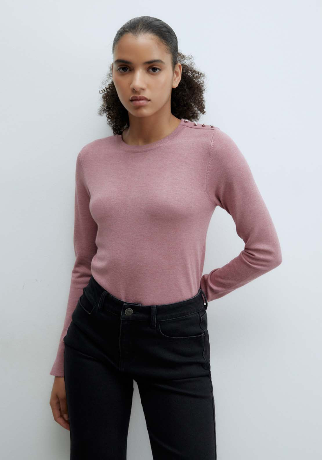 Sfera Jewel button sweater - Pink Melange 1 Shaws Department Stores