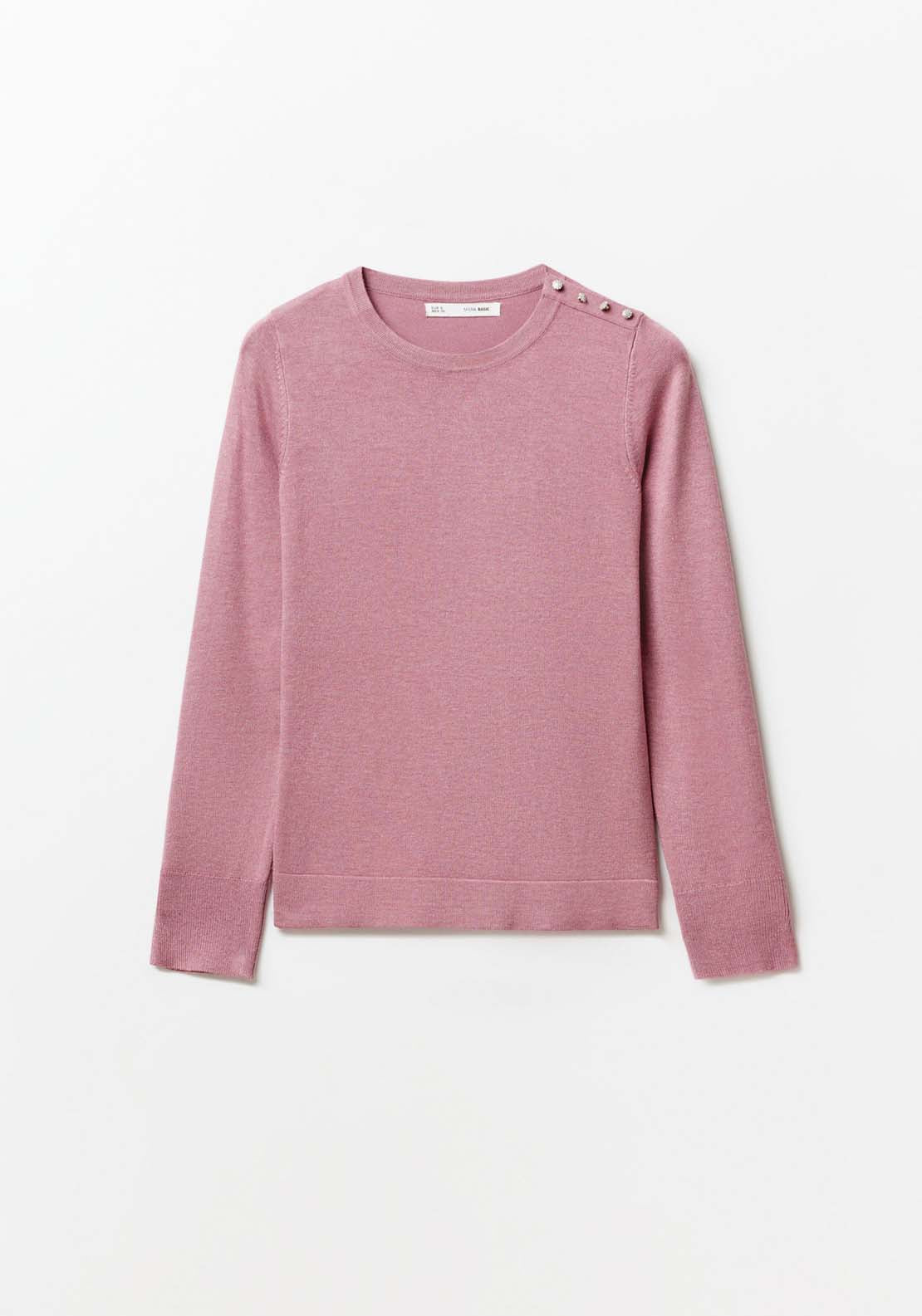 Sfera Jewel button sweater - Pink Melange 5 Shaws Department Stores