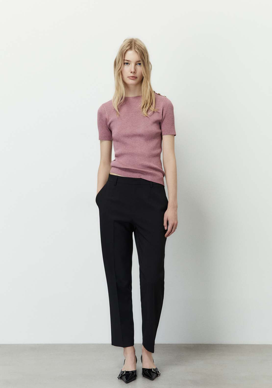 Sfera Ribbed Top With Button Detail - Pink 3 Shaws Department Stores