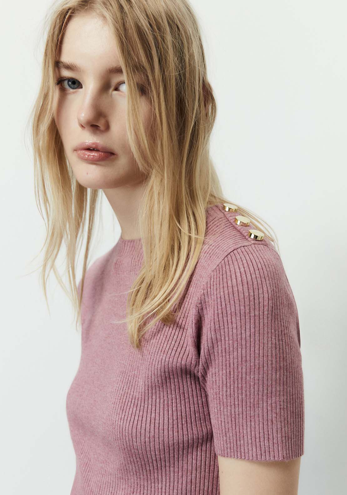 Sfera Ribbed Top With Button Detail - Pink 2 Shaws Department Stores