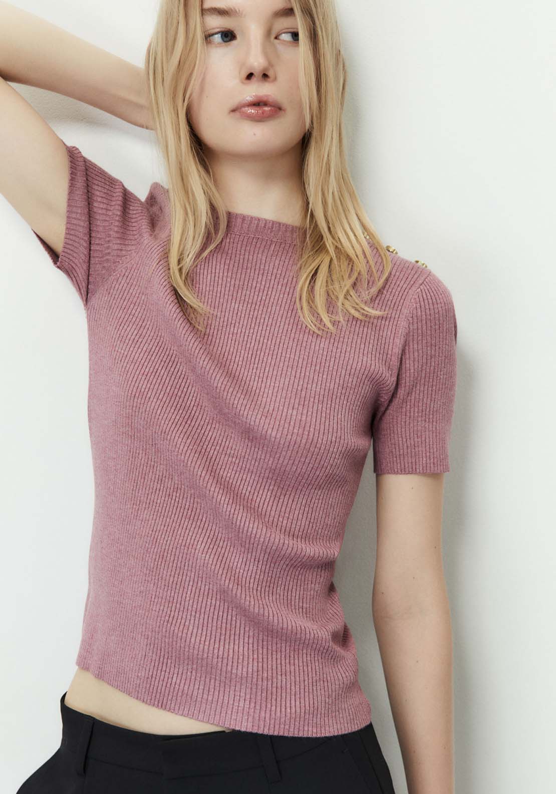 Sfera Ribbed Top With Button Detail - Pink 1 Shaws Department Stores