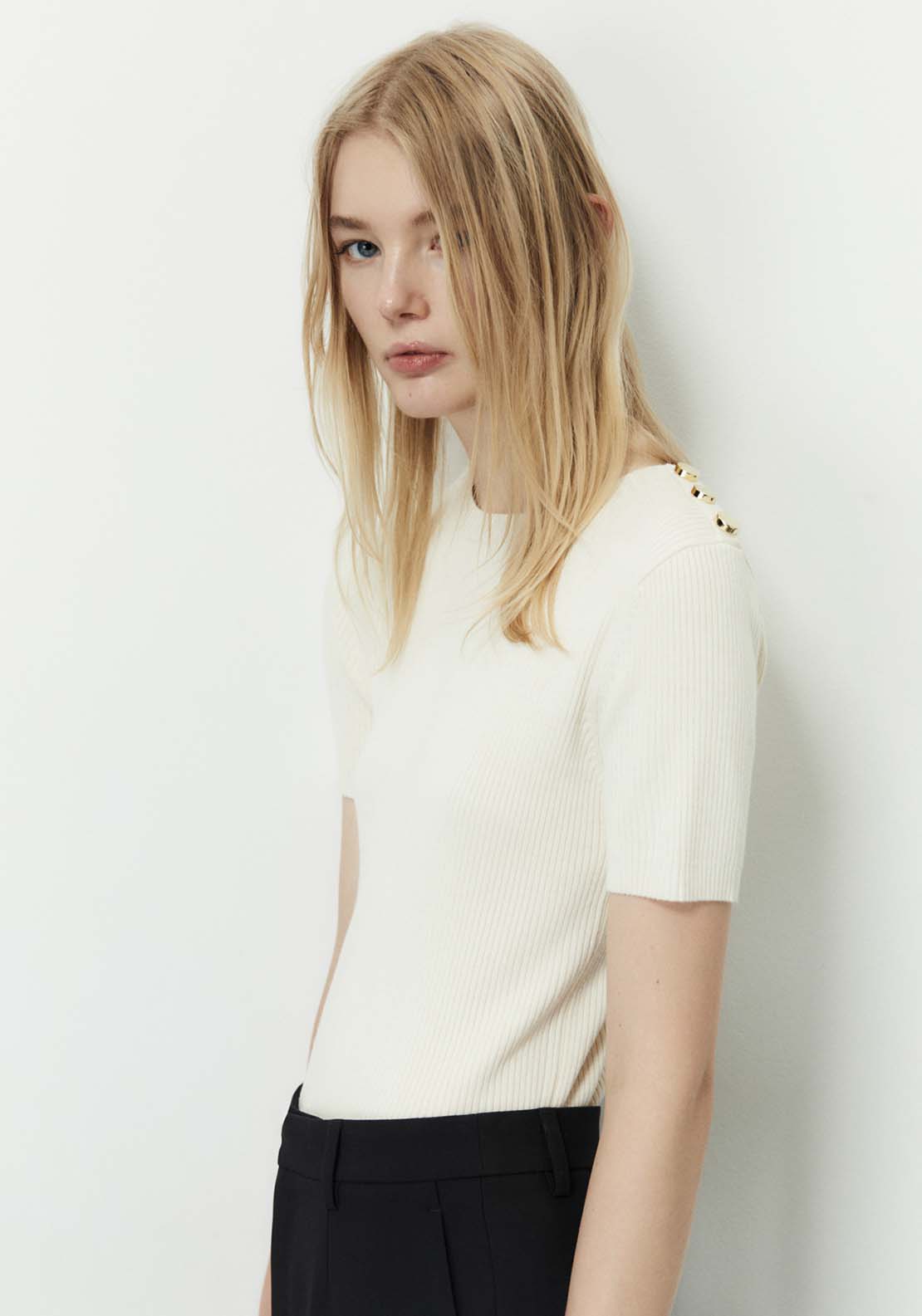 Sfera Ribbed Top With Button Detail - Cream 2 Shaws Department Stores