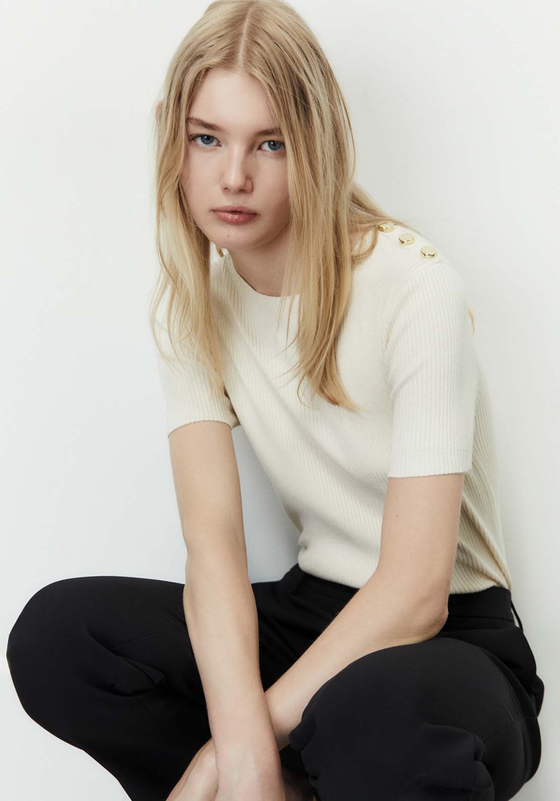 Sfera Ribbed Top With Button Detail - Cream 1 Shaws Department Stores