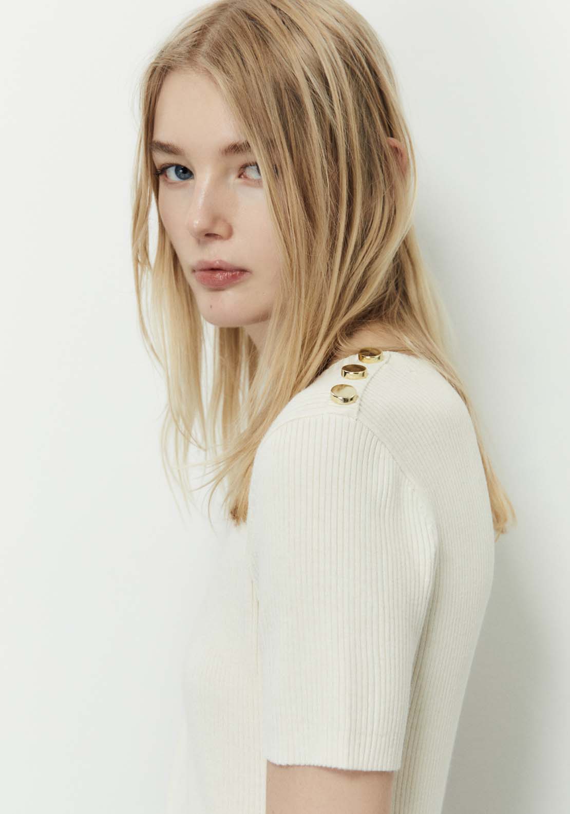 Sfera Ribbed Top With Button Detail - Cream 3 Shaws Department Stores