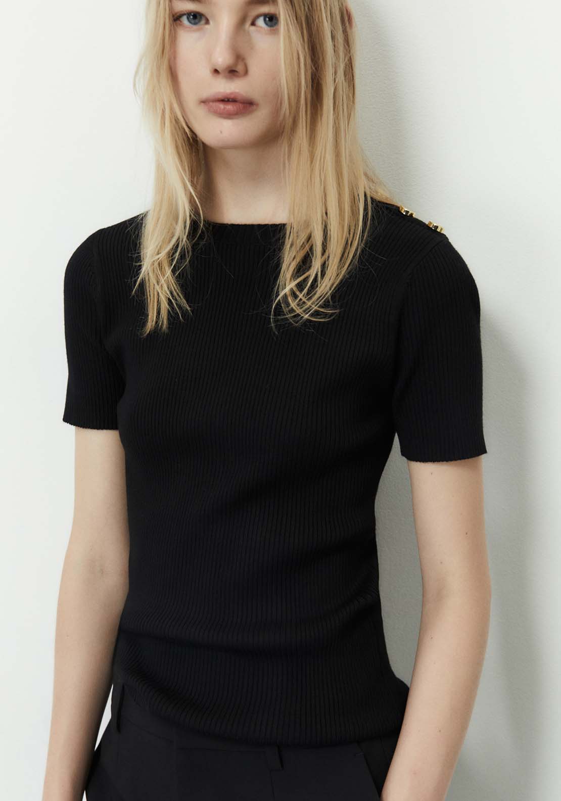 Sfera Ribbed Top With Button Detail - Black 2 Shaws Department Stores