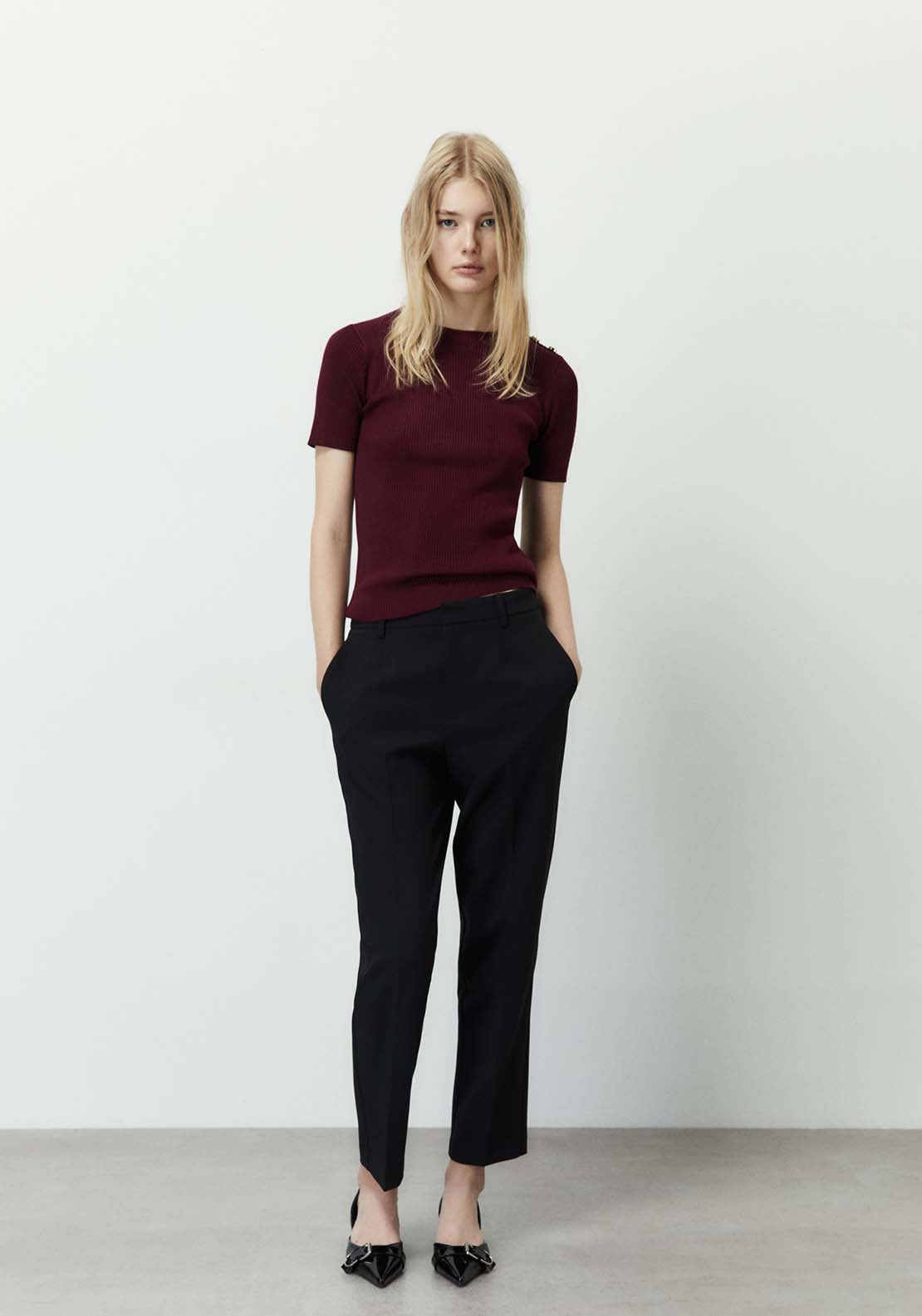Sfera Ribbed Top With Button Detail - Burgundy 3 Shaws Department Stores
