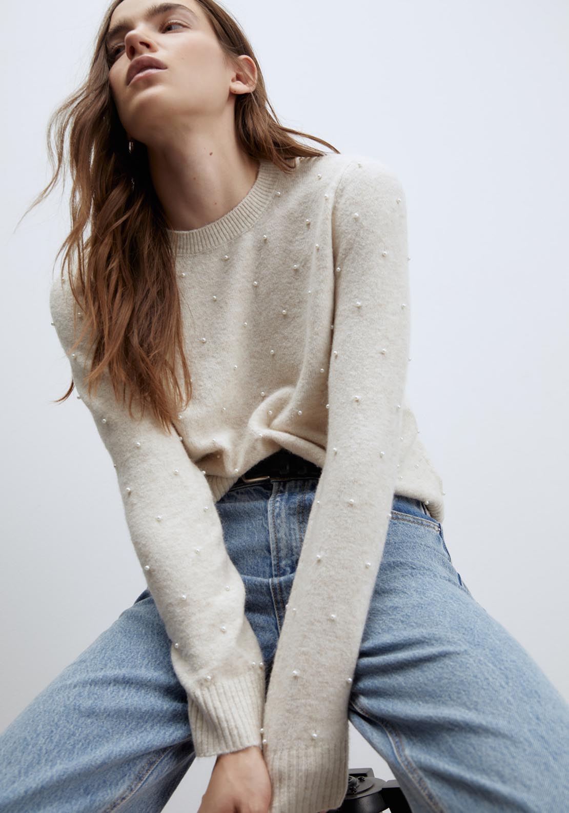 Sfera Pearls sweater - Melange Mink 1 Shaws Department Stores