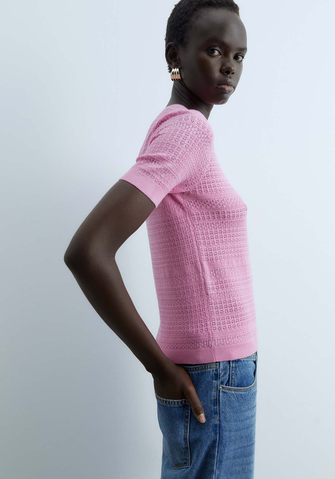 Sfera Short Sleeves Openwork Sweater - Pink 3 Shaws Department Stores