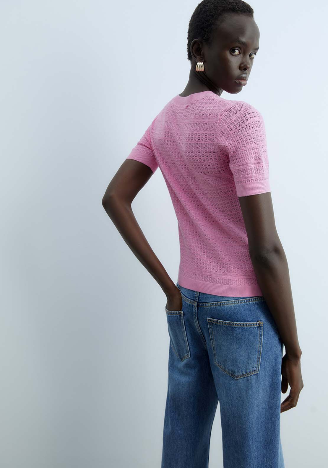 Sfera Short Sleeves Openwork Sweater - Pink 2 Shaws Department Stores