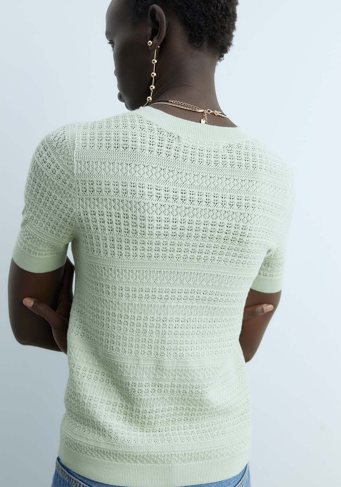 Sfera Short Sleeves Openwork Sweater - Green Light 2 Shaws Department Stores