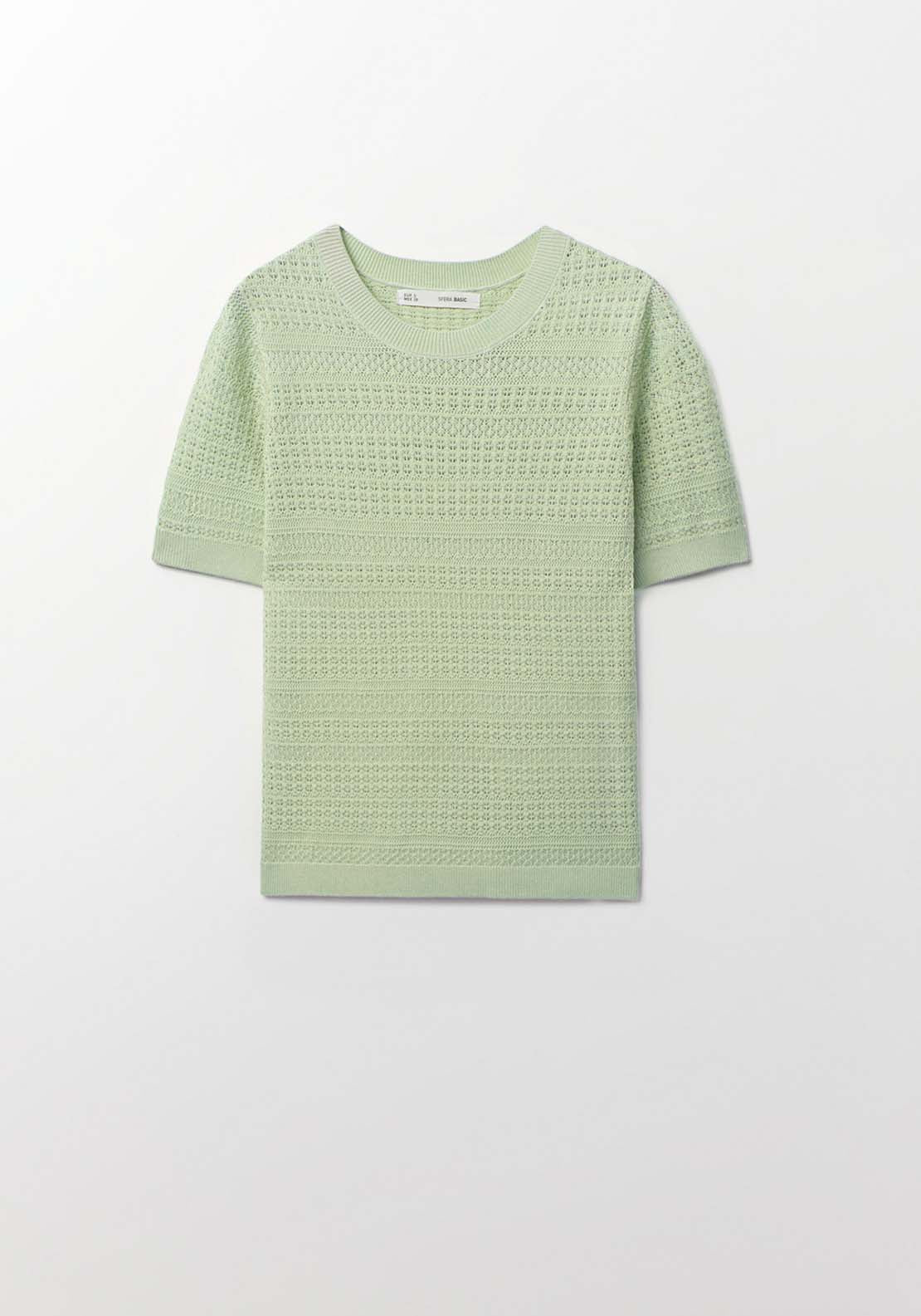 Sfera Short Sleeves Openwork Sweater - Green Light 6 Shaws Department Stores