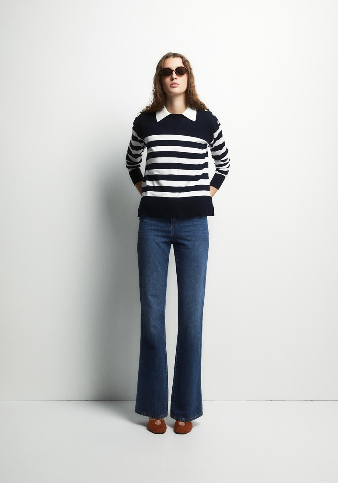 Button Detail Striped Sweater - Blue