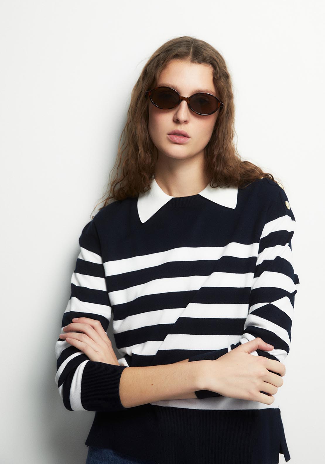 Button Detail Striped Sweater - Blue