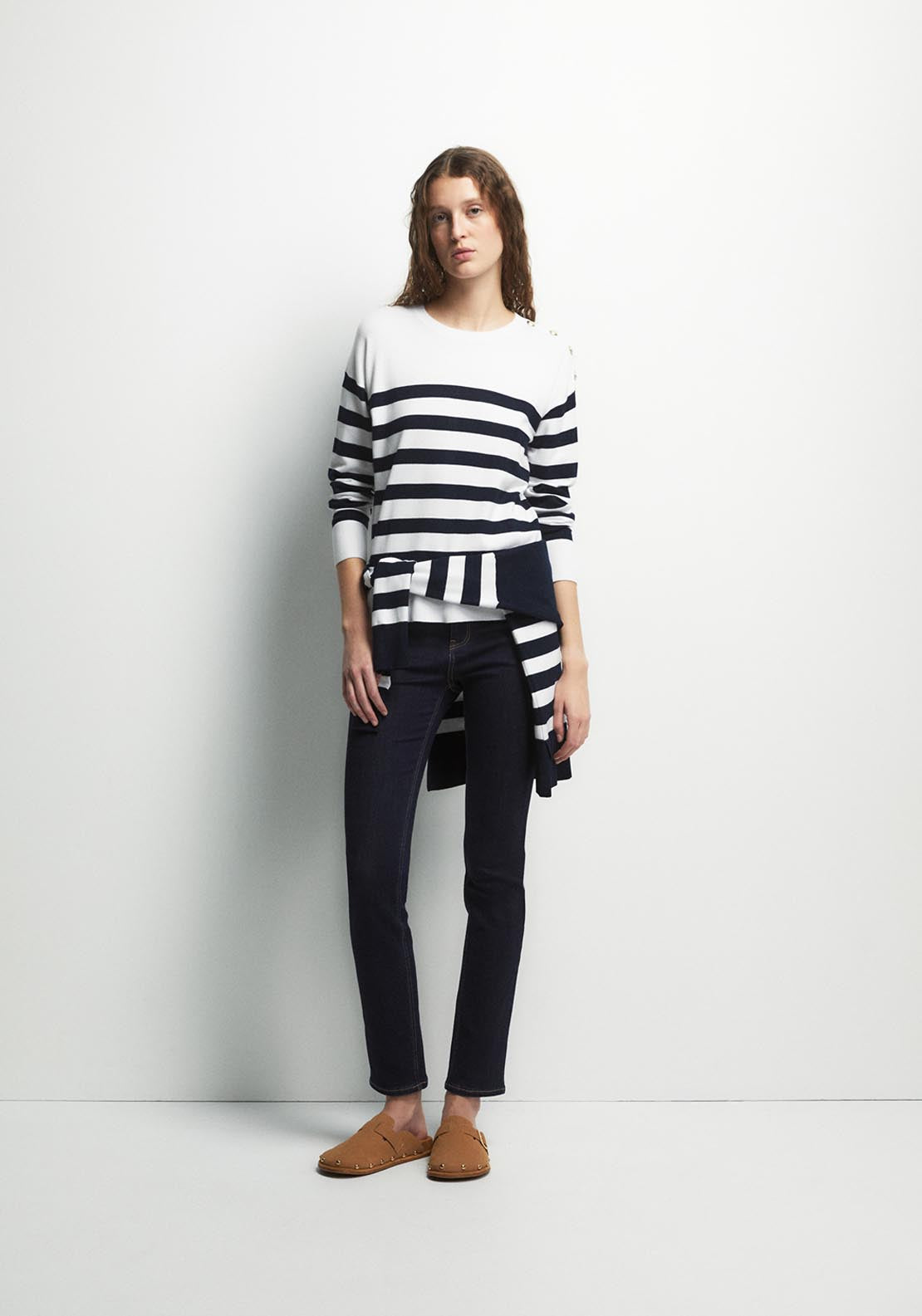 Button Detail Striped Sweater - White