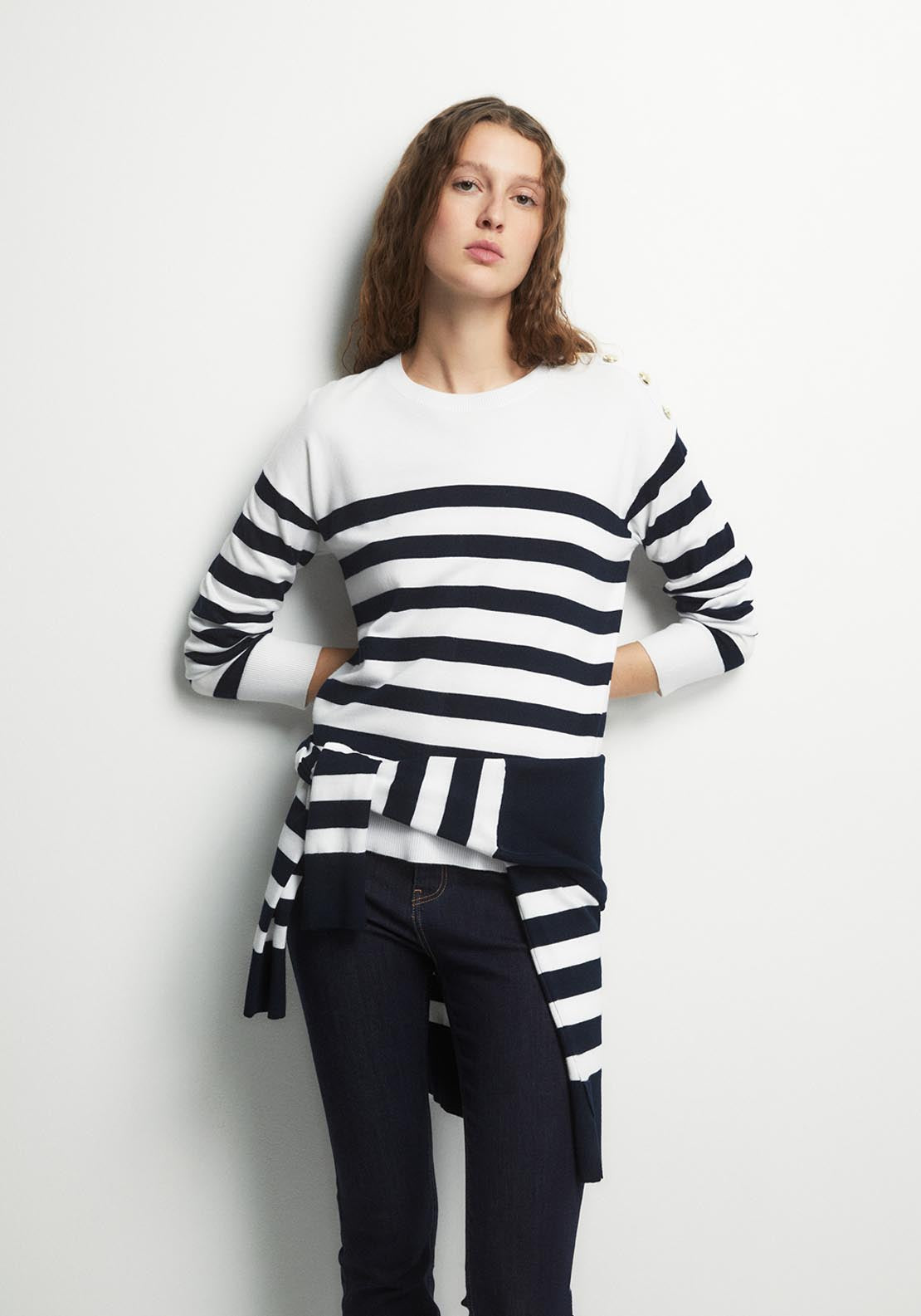 Button Detail Striped Sweater - White
