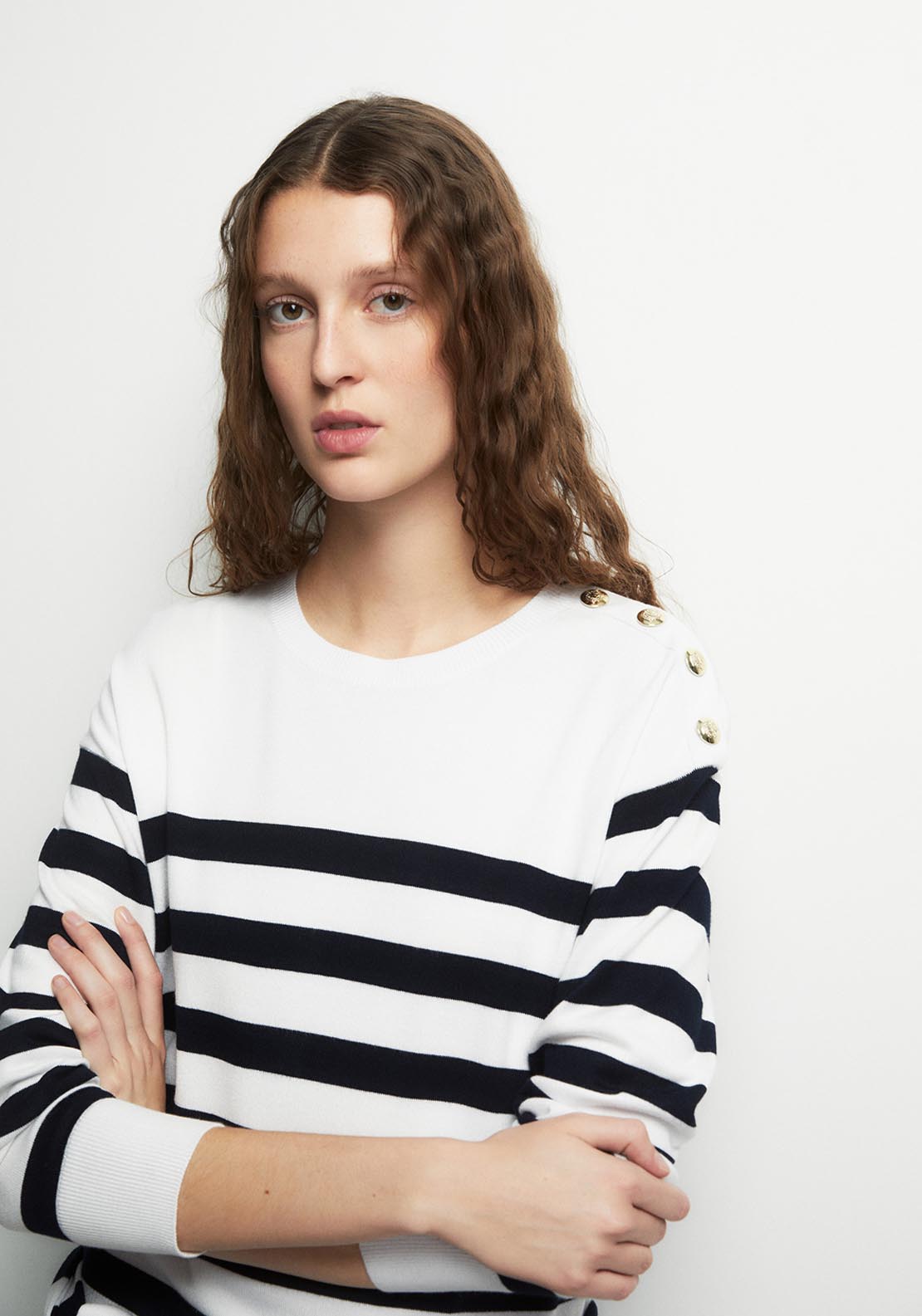 Button Detail Striped Sweater - White