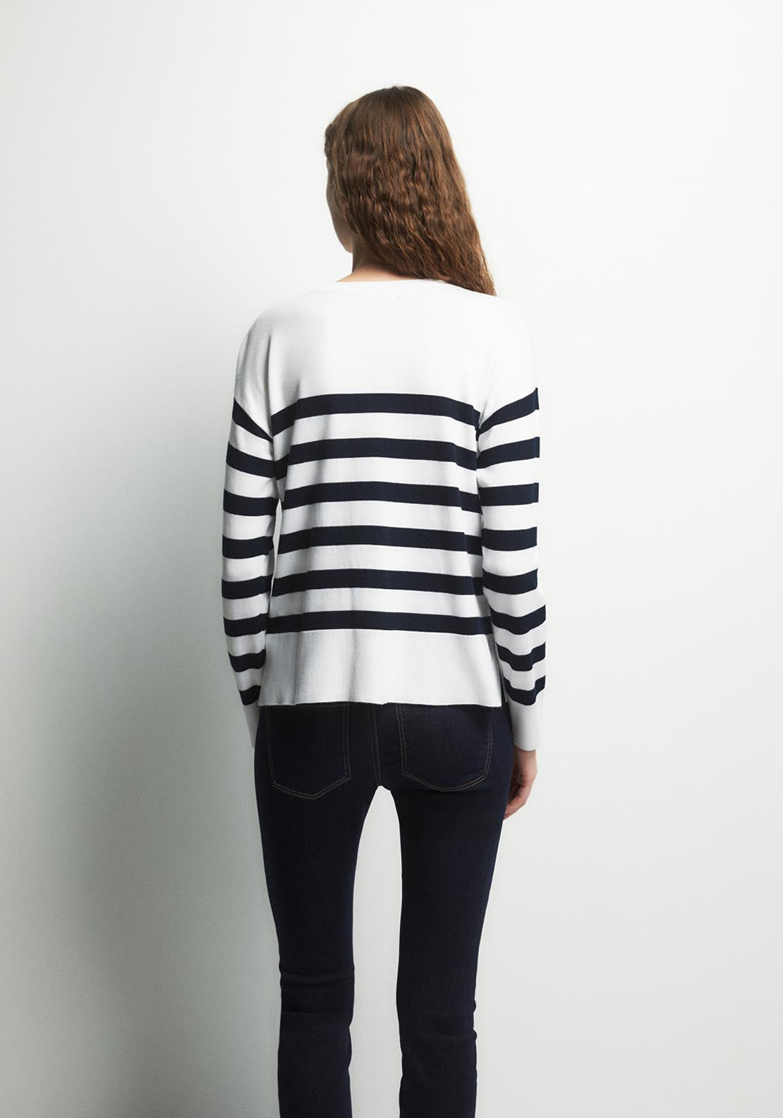 Button Detail Striped Sweater - White