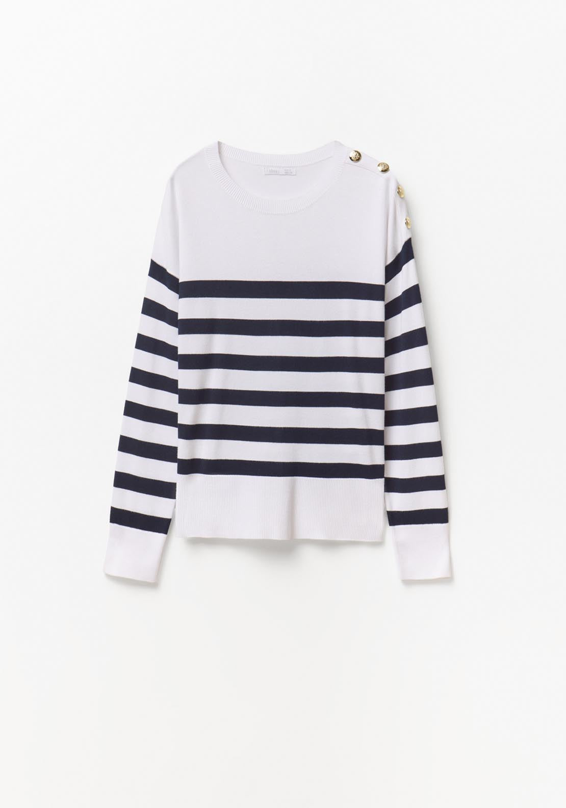 Button Detail Striped Sweater - White