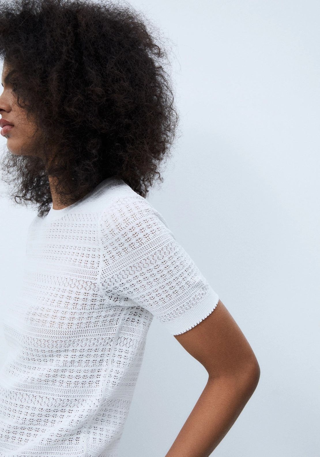 Short Sleeve Openwork Sweater - White